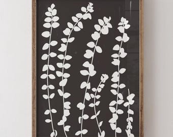 Stampa di foglie di eucalipto: arte scandinava minimalista in bianco e nero (download digitale)