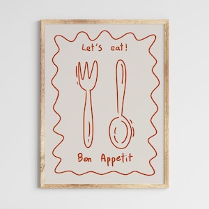 Let’s Eat Kitchen Wall Art, Bon Appetit Poster, Playful Minimalist Dining Room Decor, Hand Drawn Fork Spoon Print, Digital Download