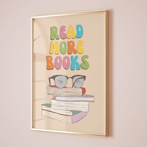 Lesen Sie mehr Bücher Wand Kunst - Buntes Retro druckbares Zitat Poster | Buchliebhaber Digital Download | Kinderzimmer Bibliothek Leseecke Dekor