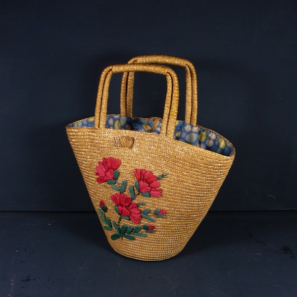 midcentury Strohtasche Henkeltasche Bast Blumen 50er Jahre Strandtasche