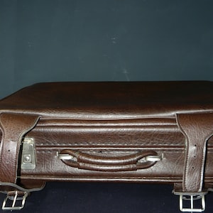 vintage travel suitcase faux leather skai dark brown 70s