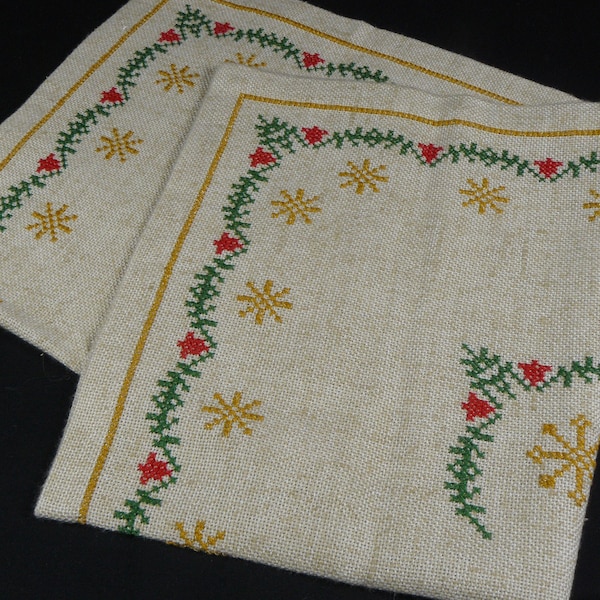 vintage Tischdecke Mitteldecke Weihnachten handbestickt Leinen 70er