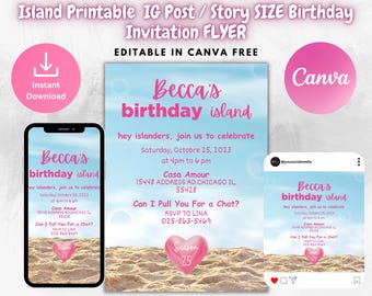 Island Themed Printable Birthday Invitation Template | Instagram Post & Story | Y2K Inspired Flyer | 90s 00s Throwback | Canva template