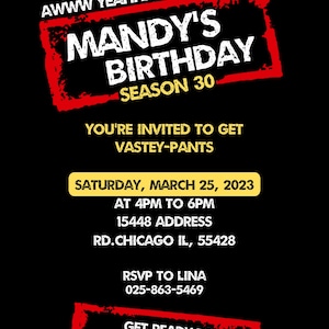 以下が含まれることがあります： 「Mandy's Birthday Season 30」と書かれた赤と白の文字が特徴の黒い招待状。日付、時間、住所、RSVP情報が含まれています。招待状は大胆で遊び心のあるデザインです。