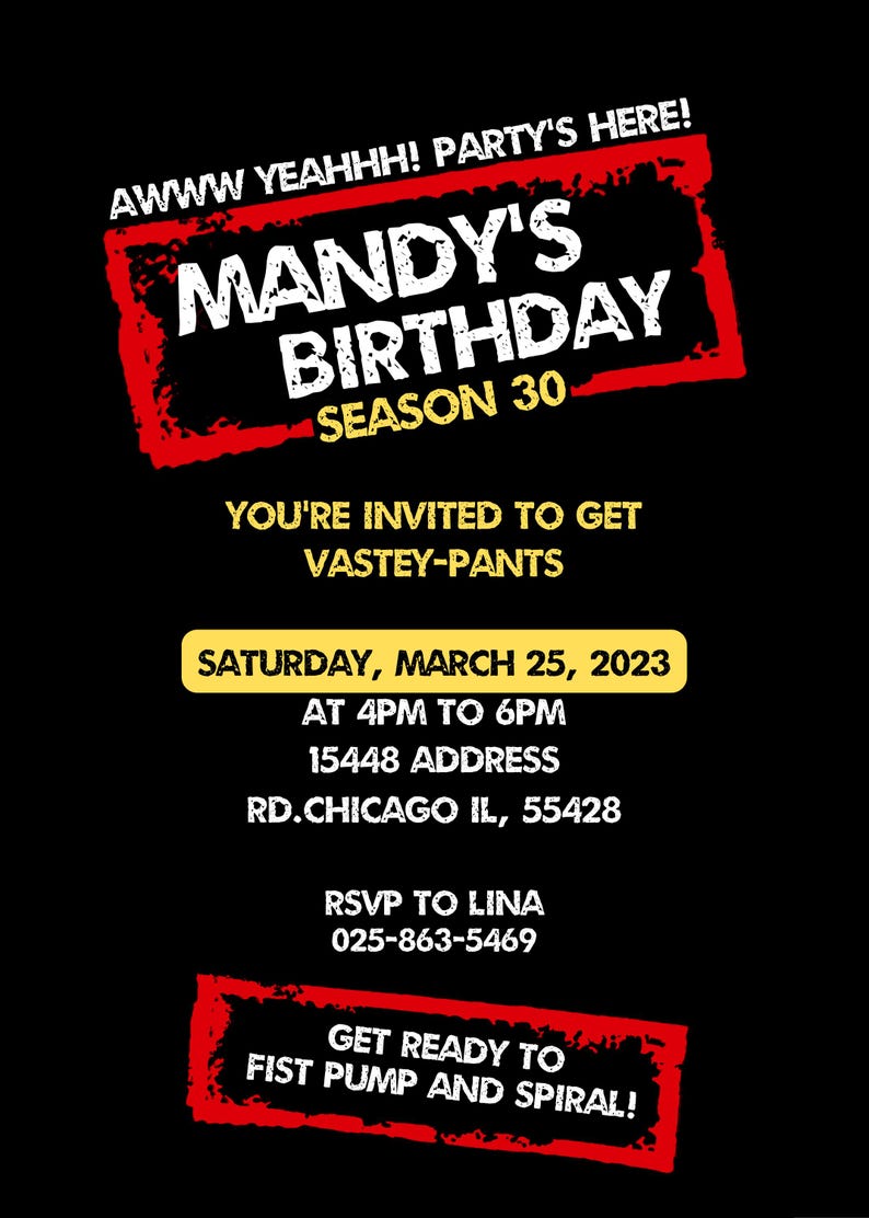 以下が含まれることがあります： 「Mandy's Birthday Season 30」と書かれた赤と白の文字が特徴の黒い招待状。日付、時間、住所、RSVP情報が含まれています。招待状は大胆で遊び心のあるデザインです。