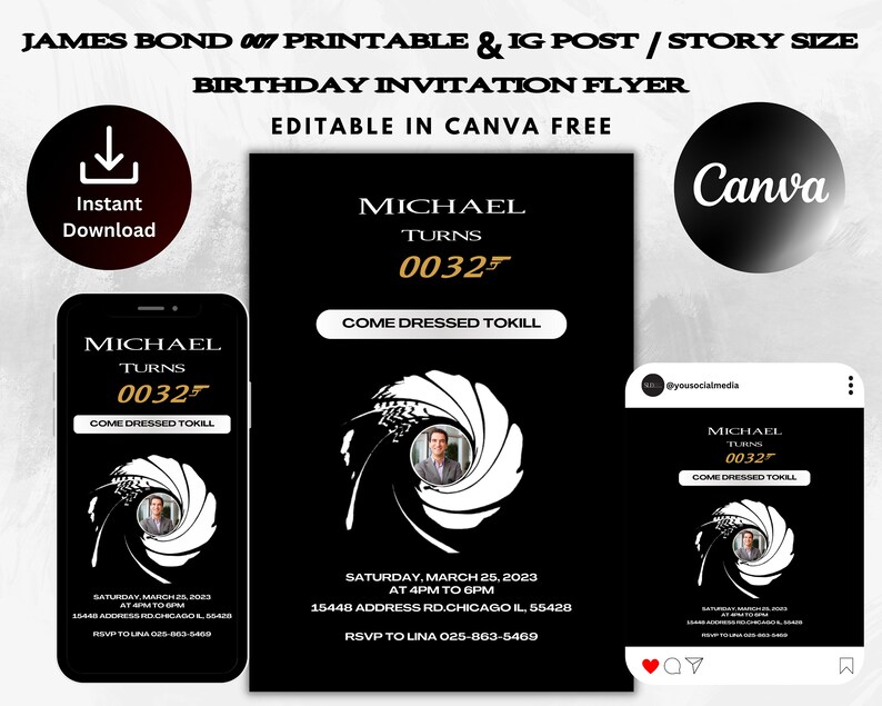 007 Themed Printable Birthday Invitation Template Instagram Post ...