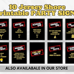 以下が含まれることがあります： 「Mimosa Bar」や「Jersey Bar」などのフレーズが書かれた、赤と白の文字が特徴の黒い印刷可能なパーティーサイン10枚。ジャージー・ショアをテーマにしたデザインです。