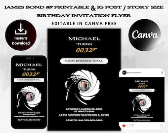 007テーマの印刷可能な誕生日招待状テンプレート | Instagram投稿＆ストーリー | 007風フライヤー | 男性向けパーティー招待状 | Canvaテンプレート