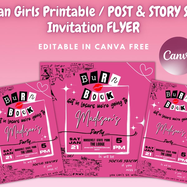 Mean Girls Inspired Printable Birthday Invitation Flyer | Instagram Post & Story | Mean girl's Template | Editable on Canva | Canva Template