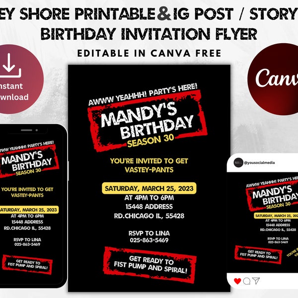 Jersey Shore Themed Printable Birthday Invitation Template | Instagram Post & Story | Y2K Inspired Flyer | 90s 00s Throwback Retro | Canva