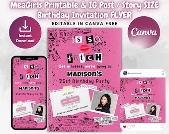 Mean Girls Inspired Printable Birthday Invitation Template | Instagram Post & Story | Mean Girl's Flyer | Editable on Canva Free | Instantly