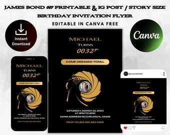 007 Themed Printable Birthday Invitation Template | Instagram Post & Story | James Bond Inspired Flyer | Men's Party Invites |Canva Template