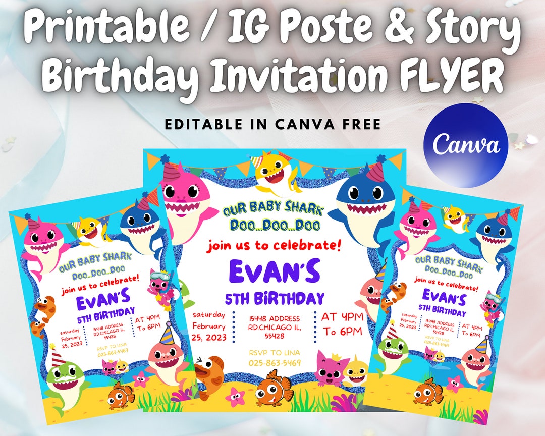 Baby Shark Printable Birthday Invitation Flyer Instagram Post&story Baby Shark Party Invite ...