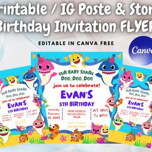 Baby Shark Printable Birthday Invitation Flyer Instagram Post&amp;story ...
