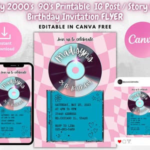 May include: A pink and white checkered background with a birthday invitation flyer. The flyer has a CD design with the text "Madisyn's 25th Birthday". The flyer is editable in Canva and available for instant download.