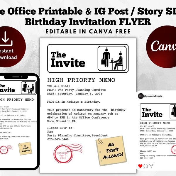 The Office Themed Printable Birthday Invitation Template | Instagram Post & Story | Party Memo Flyer | Digital Invite | Canva Template