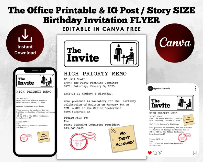 The Office Themed Printable Birthday Invitation Template Instagram Post & Story Party Memo Flyer Digital Invite Canva Template image 1