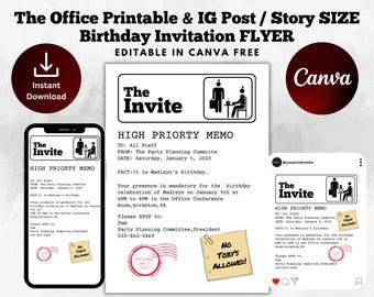 The Office Themed Printable Birthday Invitation Template | Instagram Post & Story | Party Memo Flyer | Digital Invite | Canva Template