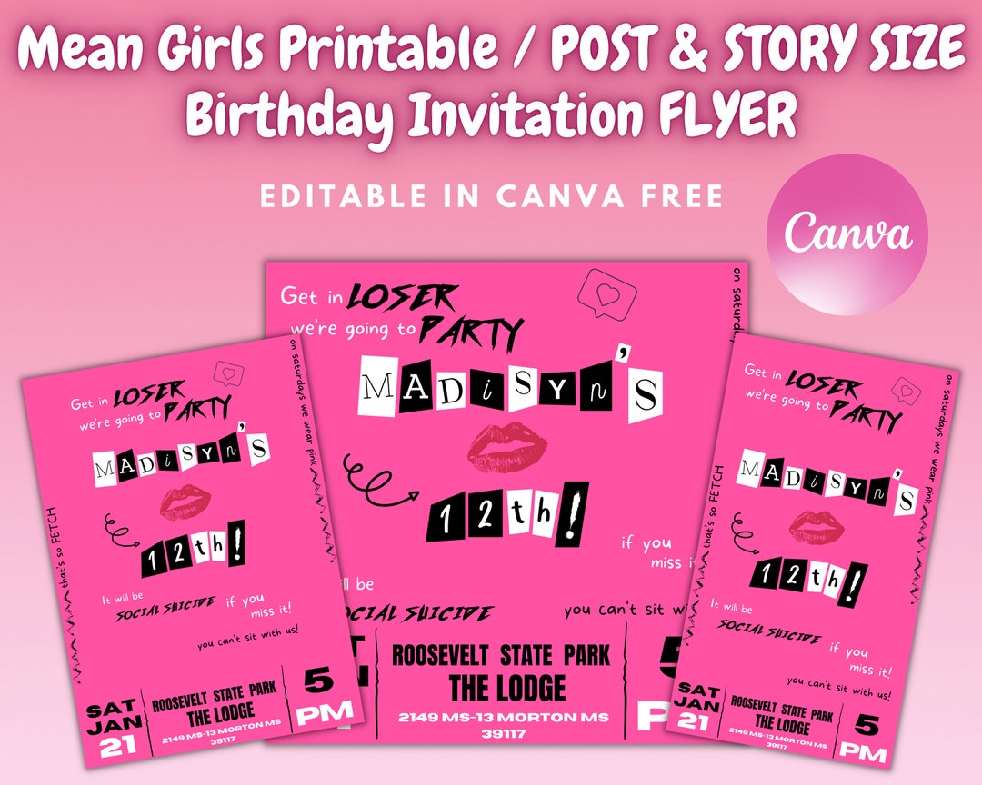 Mean Girls Inspired Printable Birthday Invitation Flyer Instagram Post ...
