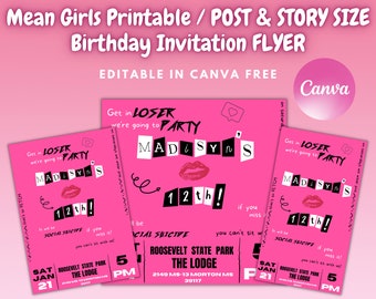 Mean Girls Inspired Printable Birthday Invitation Flyer | Instagram Post & Story | Mean girl's Template | Editable on Canva | Canva Template