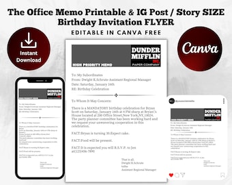 The Office Themed Printable Birthday Invitation Template | Instagram Post & Story | Party Memo Flyer | Digital Invite | Canva Template
