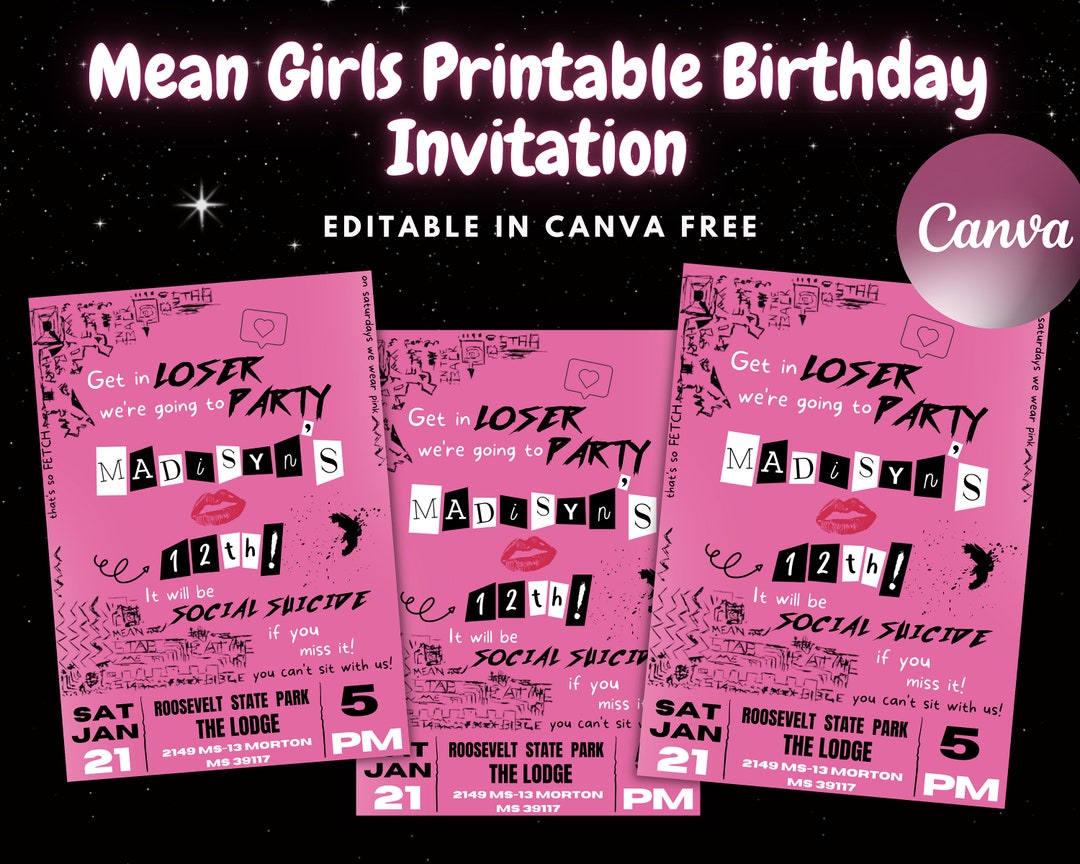 Mean Girls Inspired Printable Birthday Invitation Mean Girl's Template ...