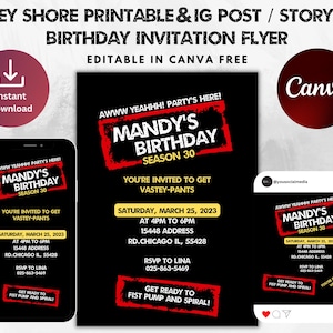 May include: Black birthday invitation flyer with the text "Mandy's Birthday Season 30". Includes a phone and social media post mockup. The flyer text includes event details and the phrase "Get Ready to Fist Pump and Spiral!"