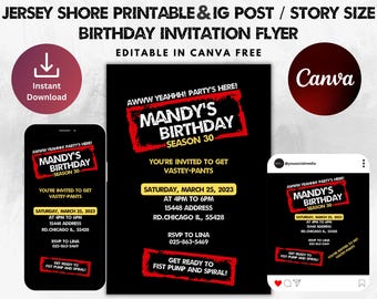 Jersey Shore Themed Printable Birthday Invitation Template | Instagram Poste & Story | Y2K Inspired | Editable Canva Free | Digital Download