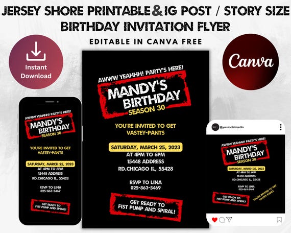 Jersey Shore Themed Printable Birthday Invitation Template | Instagram Poste & Story | Y2K Inspired | Editable Canva Free | Digital Download