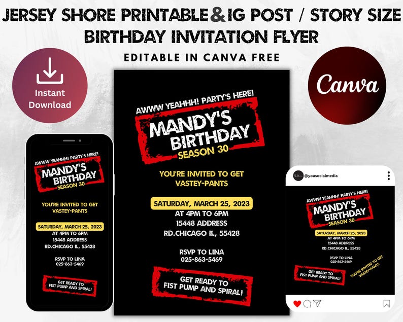 以下が含まれることがあります： 「Mandy's Birthday Season 30」のテキストが入った黒い誕生日招待状フライヤー。フライヤーには、パーティーの日時と場所、RSVP情報が含まれています。デザインはInstagramの投稿サイズでも利用できます。