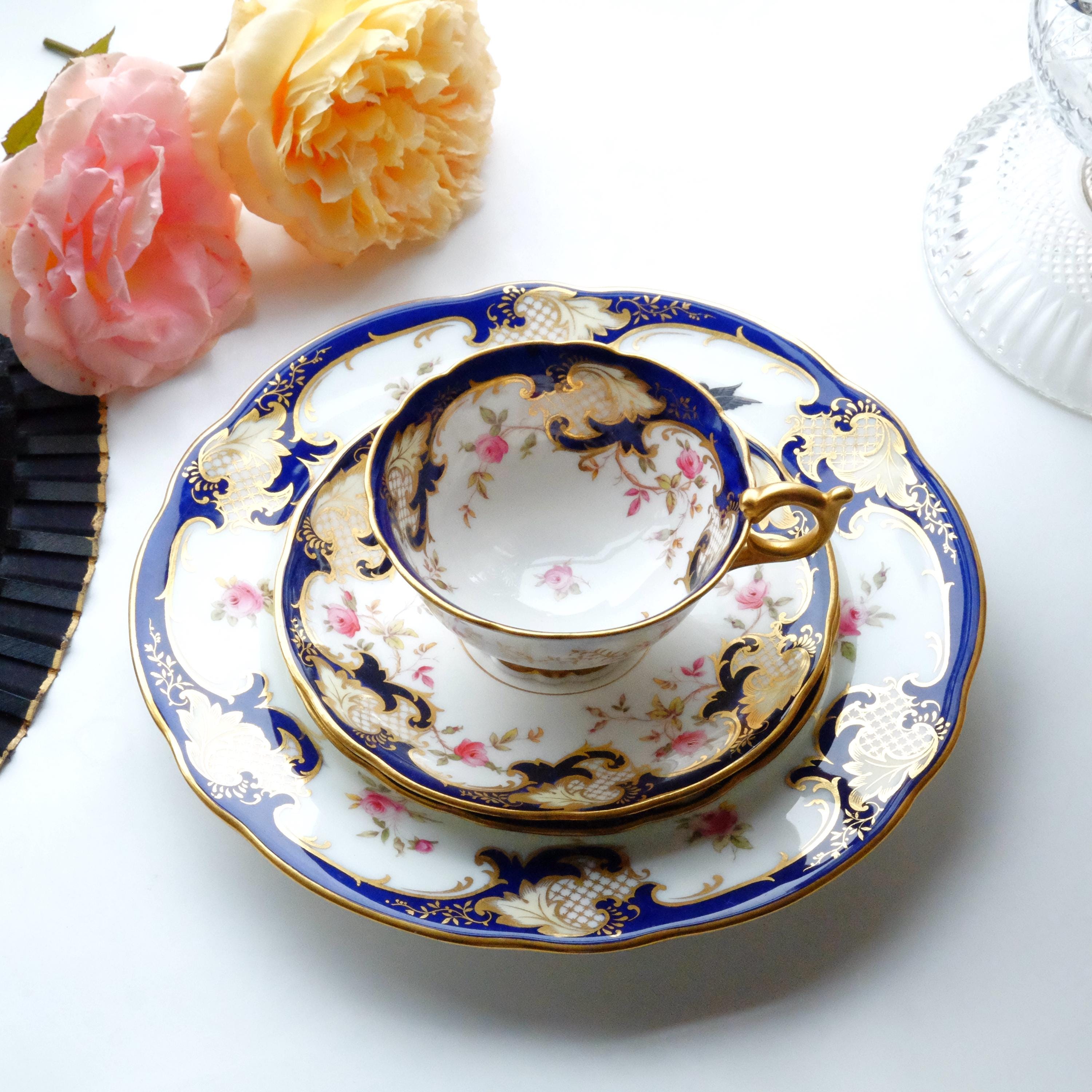 Antique Coalport Tea Set: Hand Painted Roses, Rococo Cobalt & Gilt