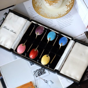 Cased Set of Six Silver Gilt Enamel Demitasse Spoons, by Turner & Simpson, Birmingham 1957-59