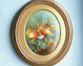 カポディモンテ磁器の飾り板、蘭の花柄の壁掛けアート、イタリア製