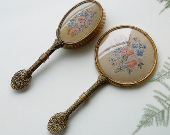 1930s-50s Elegant Petit Point Embroidery Dressing Table Mirror and Hair Brush Set with Glass Protector to the Back