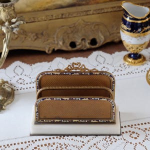 Antique French Gilt Bronze and Marble Base Letter Holder, c. 1890-1900, with ribbon bow to top and enamel pattern to edge.