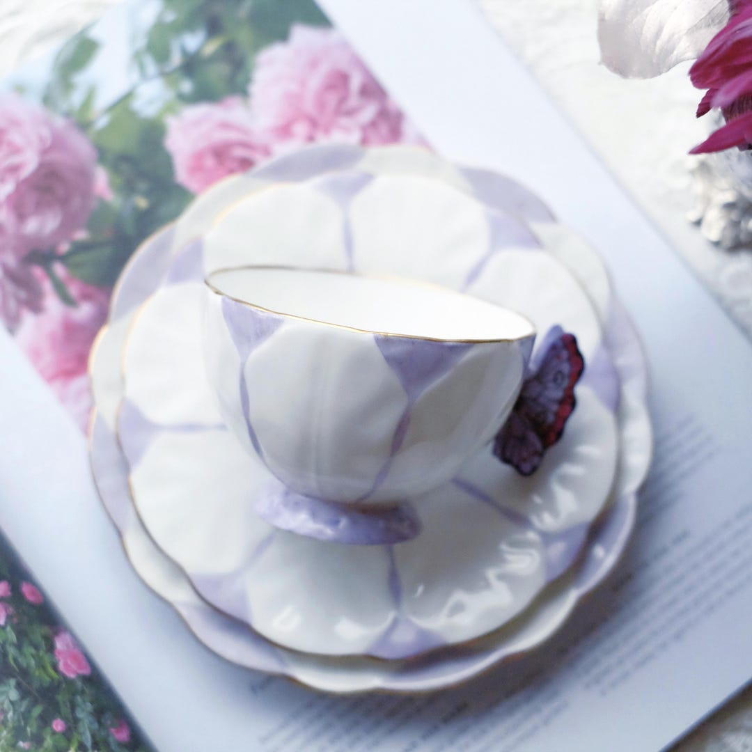 1934–1950s Aynsley Bone China “purple Butterfly Handle” Tea Trio
