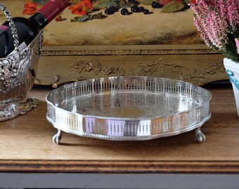 Vintage Silver Plated on Copper Round and  Footed Gallery Salver Tray, made in Sheffield, circa post 1930s.