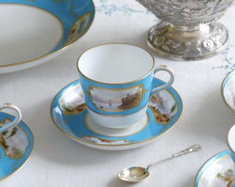 Antieke Minton-porseleinen kop en schotel, turkoois landschap, c. 1866