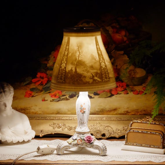 1960s German Schierholz Porcelain Lithophane Lamp, Hunting Scene
