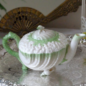 Belleek Second Period Second Black Mark Green Neptune Teapot for 4, circa 1891-1926