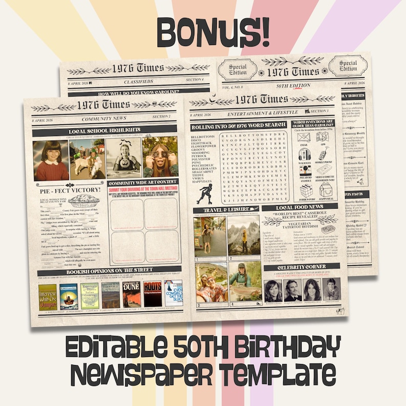 K&ouml;nnte beinhalten: Mehrere Vorlagen f&uuml;r Zeitungen im Vintage-Stil mit der &Uuml;berschrift "1976 Times" und dem Text "Bearbeitbare Vorlage f&uuml;r eine Zeitung zum 50. Geburtstag". Die Zeitungen enthalten Artikel, Fotos und ein Wortsuchr&auml;tsel. Das Wort "BONUS!" steht oben.