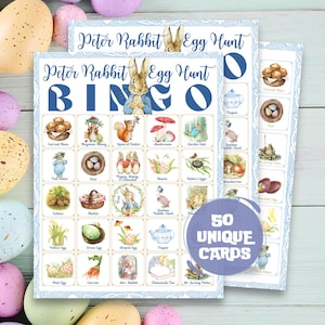 May include: Peter Rabbit Egg Hunt Bingo game cards. The cards feature illustrations of Peter Rabbit characters and Easter-themed images. The cards are blue and white with the text "Peter Rabbit Egg Hunt Bingo" and "50 Unique Cards".