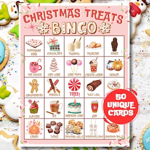 50 Cartões de Bingo de Natal | Tema de guloseimas e doces de Natal | Jogo de festa de Natal para crianças | Atividade de sala de aula de Natal | Bingo para família para impressão