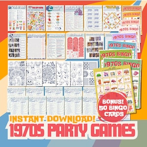 Juegos de fiesta de los años 70 / Temática retro de los setenta / Actividades imprimibles / Descarga instantánea / Trivia de los años 70, música, cultura pop, bingo, ¡páginas para niños!