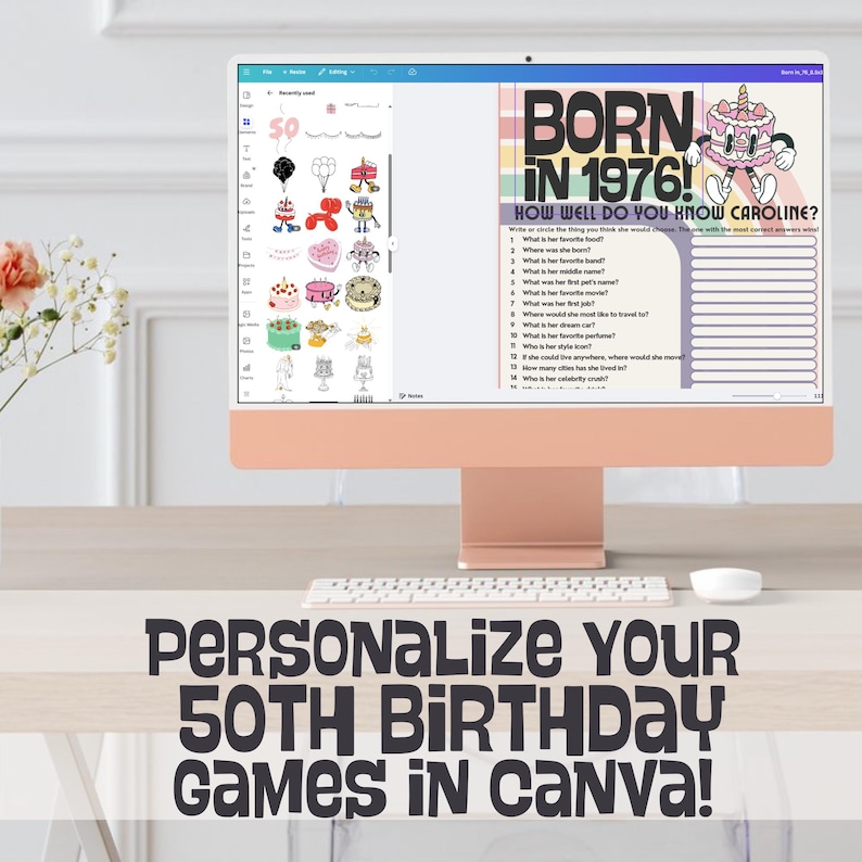 K&ouml;nnte beinhalten: Ein Desktop-Computer zeigt eine Geburtstag-Spielvorlage. Der Bildschirm zeigt ein farbenfrohes Design mit dem Text "BORN IN 1976!" und "HOW WELL DO YOU KNOW CAROLINE?" Der untere Teil des Bildschirms lautet "PERSONALISIERE DEINE 50. GEBURTSTAGSSPIELE IN CANVA!"