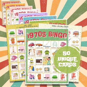 May include: A collection of colorful 1970s Bingo cards. The cards feature retro illustrations of items like roller skates, bell bottoms, and a VW bus. The set includes 50 unique cards, with the words "1970s Bingo" prominently displayed.