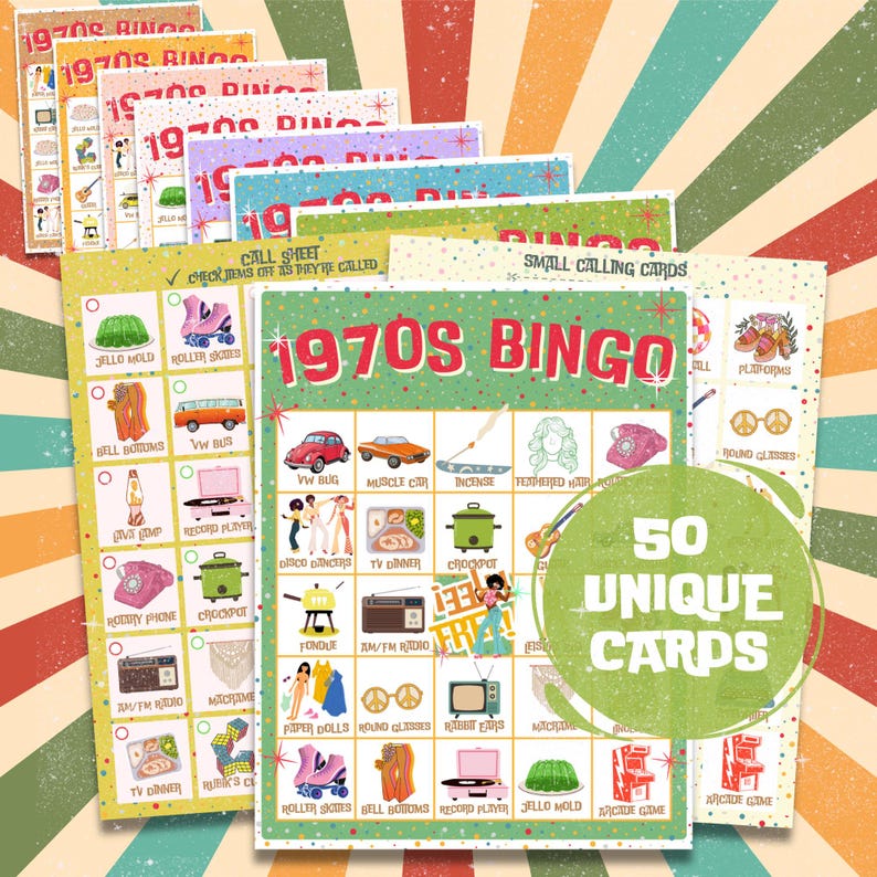 1970s Retro Bingo Printable Game | 50 Nostalgic Cards for Party Fun ...