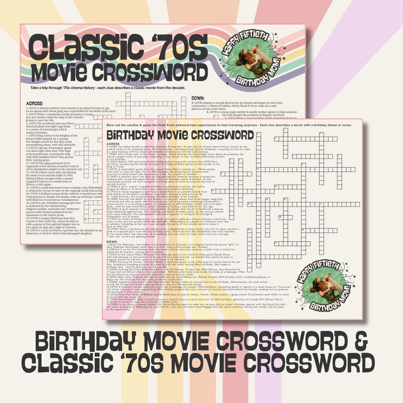 K&ouml;nnte beinhalten: Zwei Kreuzwortr&auml;tsel: "Classic '70s Movie Crossword" und "Birthday Movie Crossword". Das 70er-Jahre-Puzzle hat ein Retro-Design mit einem Regenbogen-Farbschema. Das Geburtstagspuzzle hat ein florales Design mit einer "Happy Fiftieth Birthday Mom"-Grafik.
