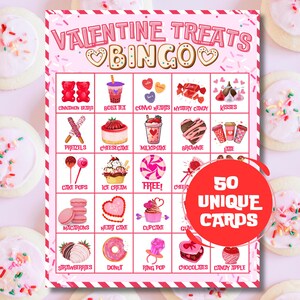 50 tarjetas de bingo de San Valentín / Temática de golosinas y dulces / Juego de fiesta para niños / Actividad de aula para el día de San Valentín / Bingo familiar imprimible
