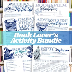 Book Lover's Activity Bundle | Great for Book Clubs | Includes 2 Cryptograms | literary match-ups & a book to film adaptation crossword